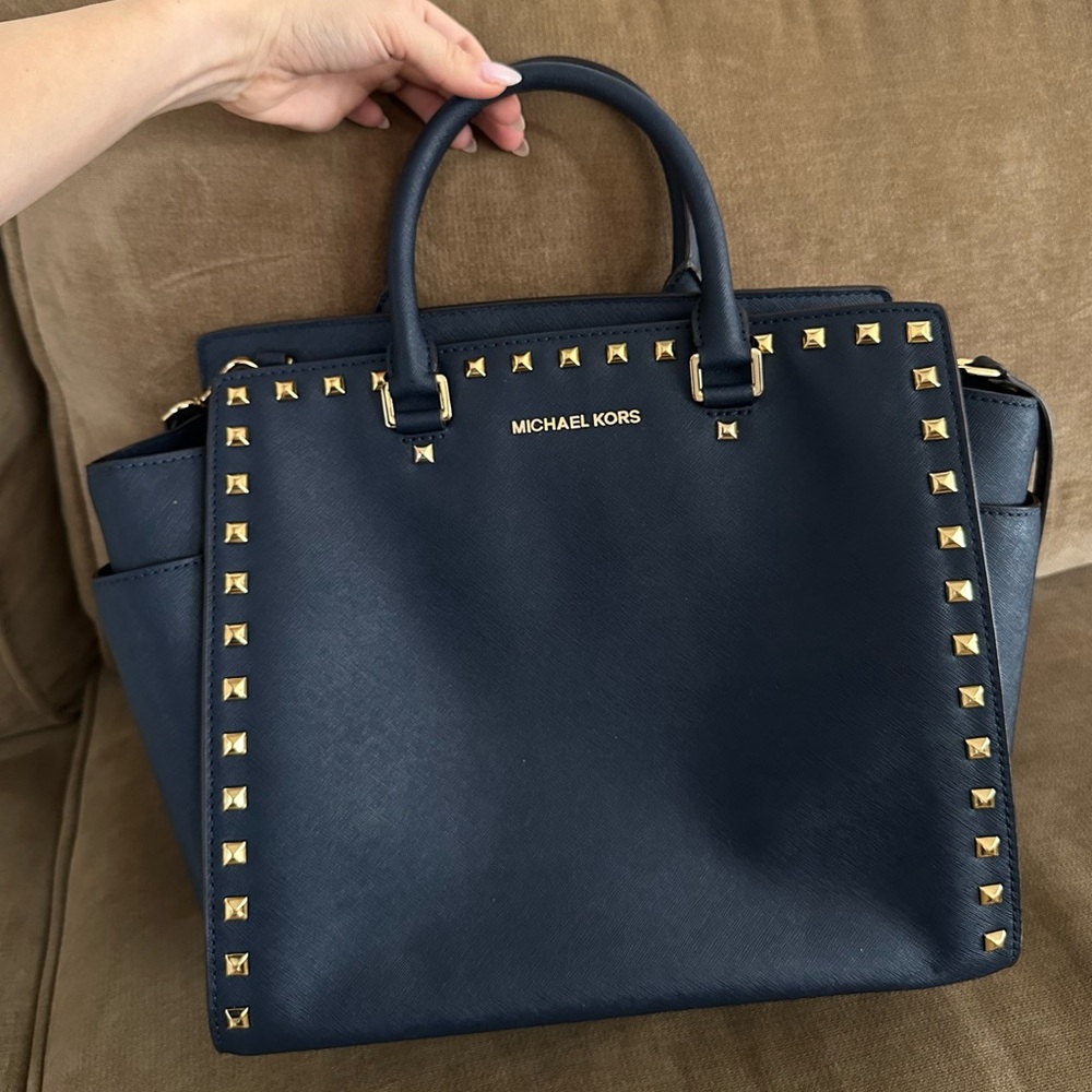 Michael Kors Navy Blue Tote with Gold Accents (Wallet Included)